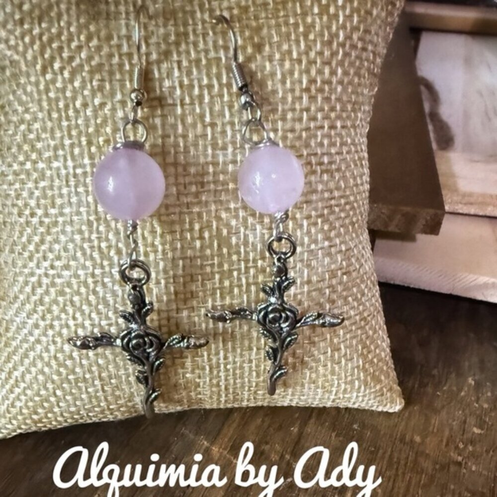 BOHO +  pink quartz silver cross long earrings silver